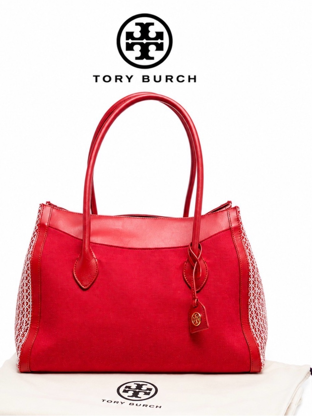 Tory Burch Red WeekenderTote with Leather-Trim